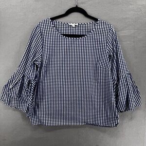 Jane &‎ Delancey Blouse Womens Size L Blue White Top Gingham 3/4 Belle Sleeve